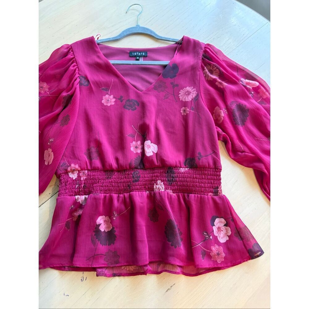 1.STATE Pink Floral Chiffon Peplum Blouse Smocked Waist V-Neck Size M - Picture 4 of 12